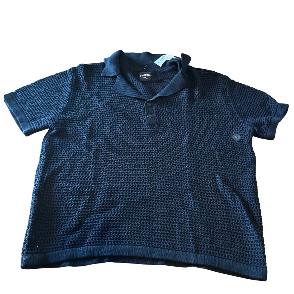 RSQ‎ Mens Navy Knit Textured Short Sleeve Polo Shirt Size Large